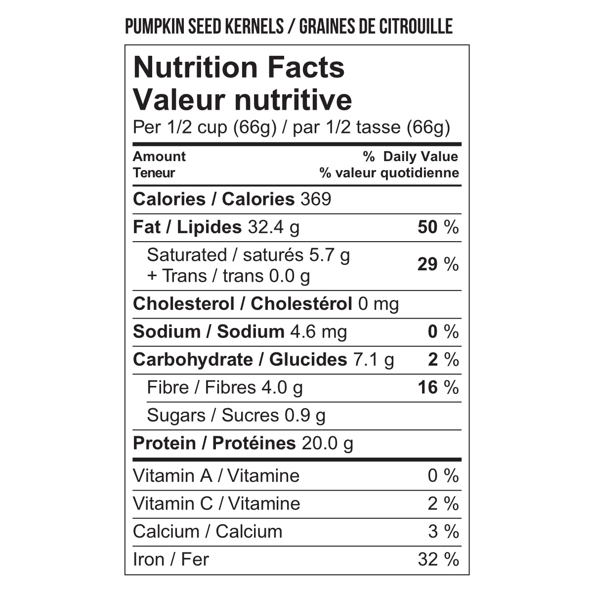 Nutritional information for Newtons No Gluten pumpkin seed kernels