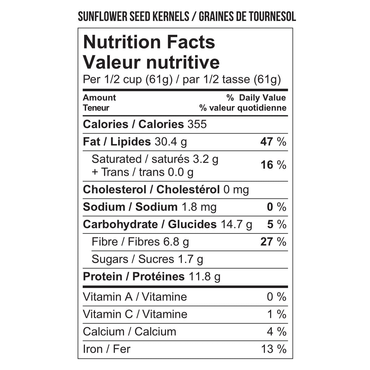 Nutritional information for Newtons No Gluten sunflower seed kernels